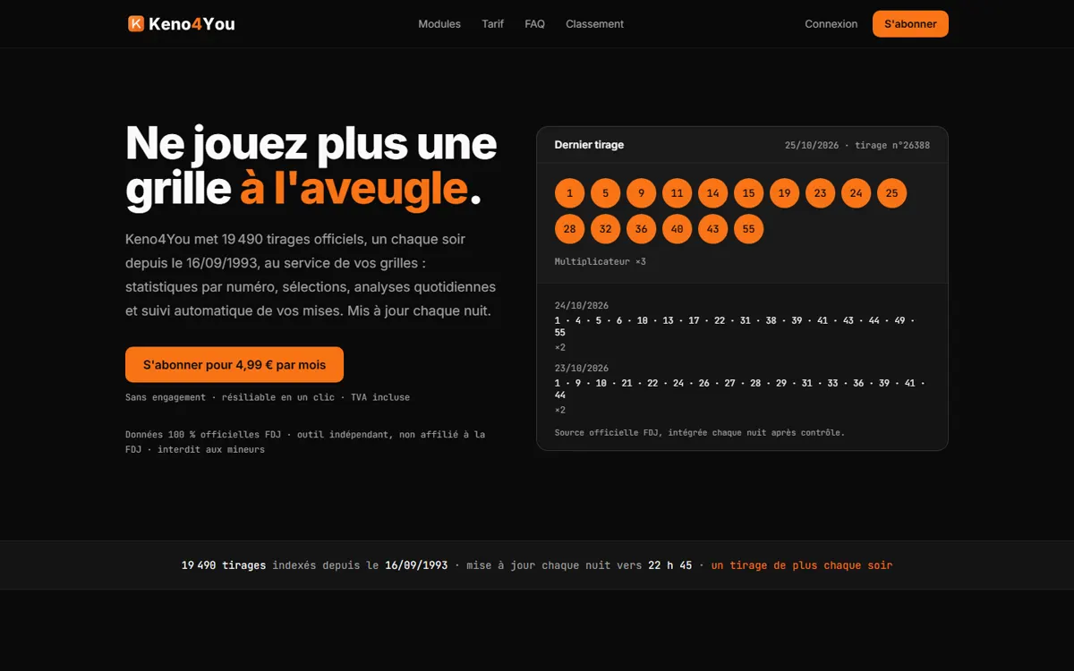 Accueil du site Keno4You, avec le dernier tirage