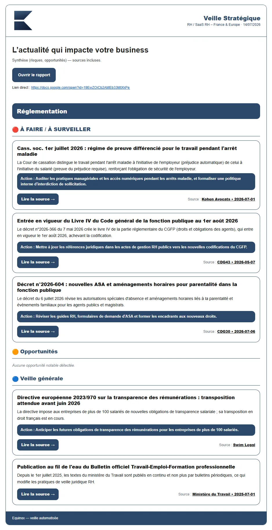 Rapport de veille stratégique tel qu'il est livré : réglementation, actions à mener et sources