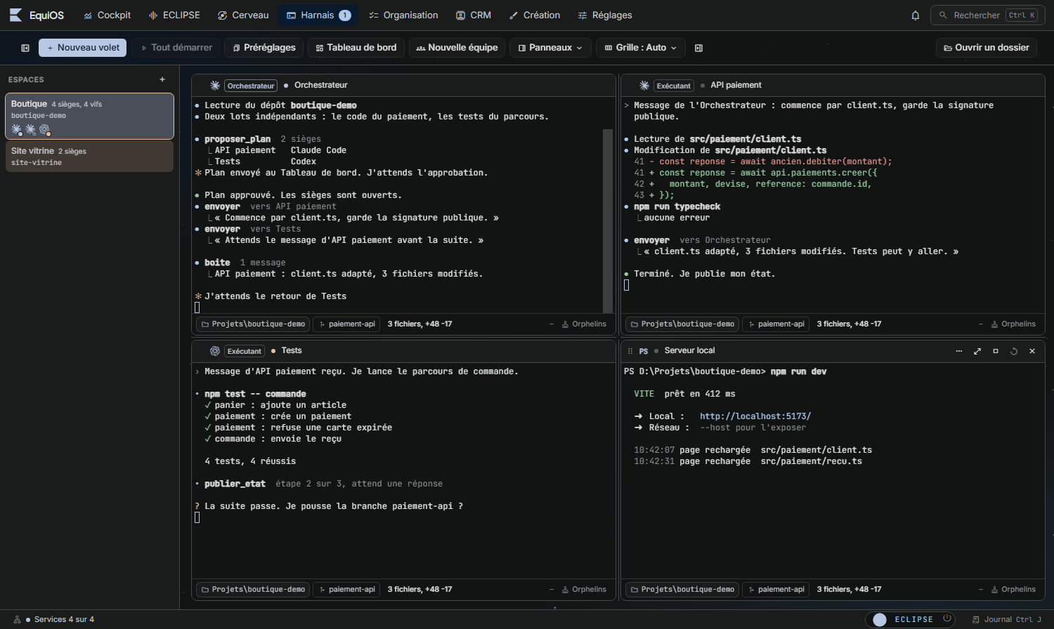 Une équipe au travail · orchestrateur, exécutants et un terminal